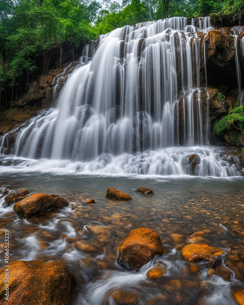 Obraz premium tropical haven, cascading nature, woodland peace, filtered sunlight, radiant woods, vibrant wilderness, forest stream, sunlight sparkles, magical glade, secluded paradise, tranquil creek, lush ecosyst