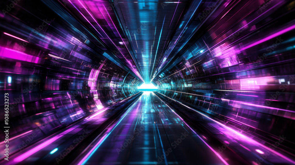 A futuristic hallway glows purple and blue. Laser beams shine in the dark, empty corridor. It looks like a spaceship or alien space station, rendered in 3D. A futuristic hallway glows purple and blue. Laser beams shine in the dark, empty corridor. It looks like a spaceship or alien space station, rendered in 3D.