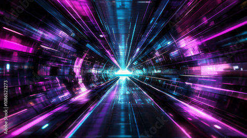 A futuristic hallway glows purple and blue. Laser beams shine in the dark, empty corridor. It looks like a spaceship or alien space station, rendered in 3D.