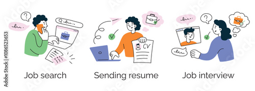 Vector illustration set of scenes of job search and recruitment, online job search with phone call, sending resume via email, and candidate attending a virtual interview. Flat, cartoon style
