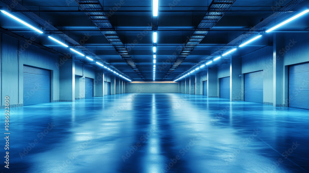 A futuristic, blue-lit garage. Imagine a spaceship corridor with glowing pylons and white concrete. It's a dark, grunge-style 3D rendering. A futuristic, blue-lit garage. Imagine a spaceship corridor with glowing pylons and white concrete. It's a dark, grunge-style 3D rendering.