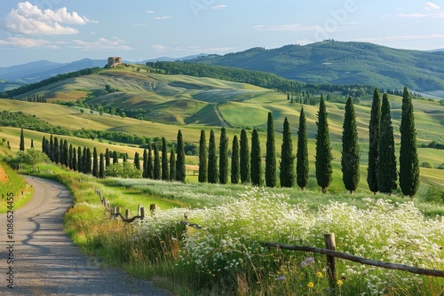 Scenic countryside with rolling hills, cypress trees, and a winding road.