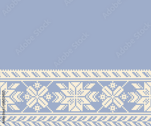 Nordic Pixel Art Pattern with Classic Winter Motifs, Embroidery Design in Soft Blue and White