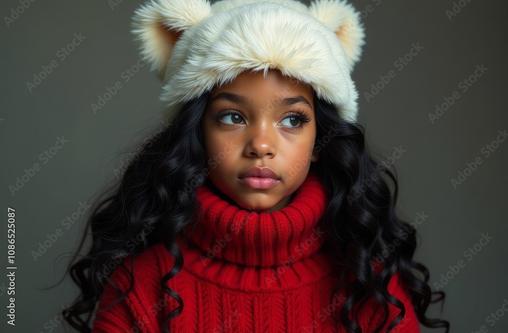 Girl in a red sweater and a fur white hat. Girl in a red sweater and a fur white hat.