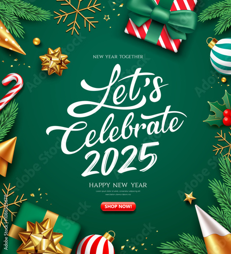2025 Let's celebrate, Happy new year sale ornaments, greeting card poster flyer design on green background
