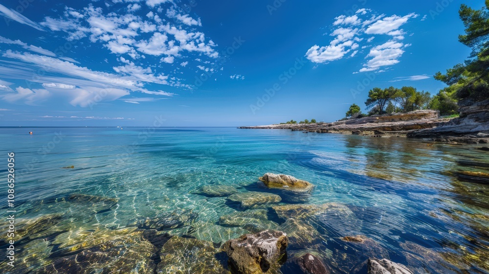 Serene Coastal Landscape with Clear Blue Water Serene Coastal Landscape with Clear Blue Water