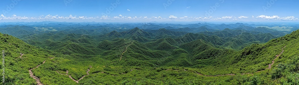Panoramic View of Lush Green Mountains and Hiking Trails Panoramic View of Lush Green Mountains and Hiking Trails