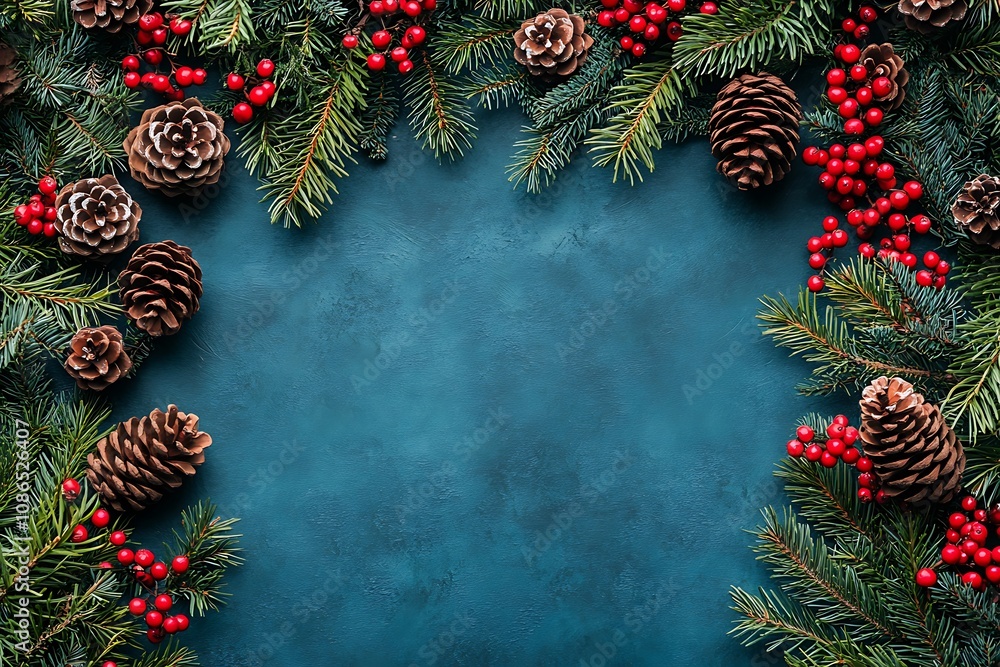Fototapeta premium Christmas border on white background. Top view and flat lay with copy space for invitation text