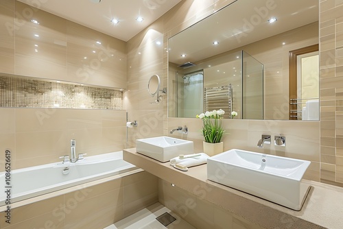 Interior of stylish bathroom with stylish sink, house plants and big mirror