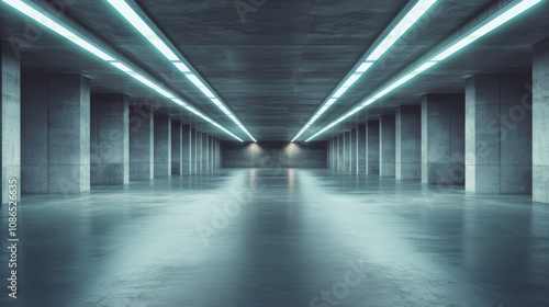 A futuristic, wide underground garage is shown. The image depicts a large, concrete warehouse-like space with laser lighting.