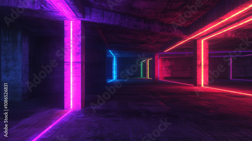 A dark, empty garage glows with vibrant pink, purple, and blue neon lights. The 3D image shows laser lines in a grunge concrete space.