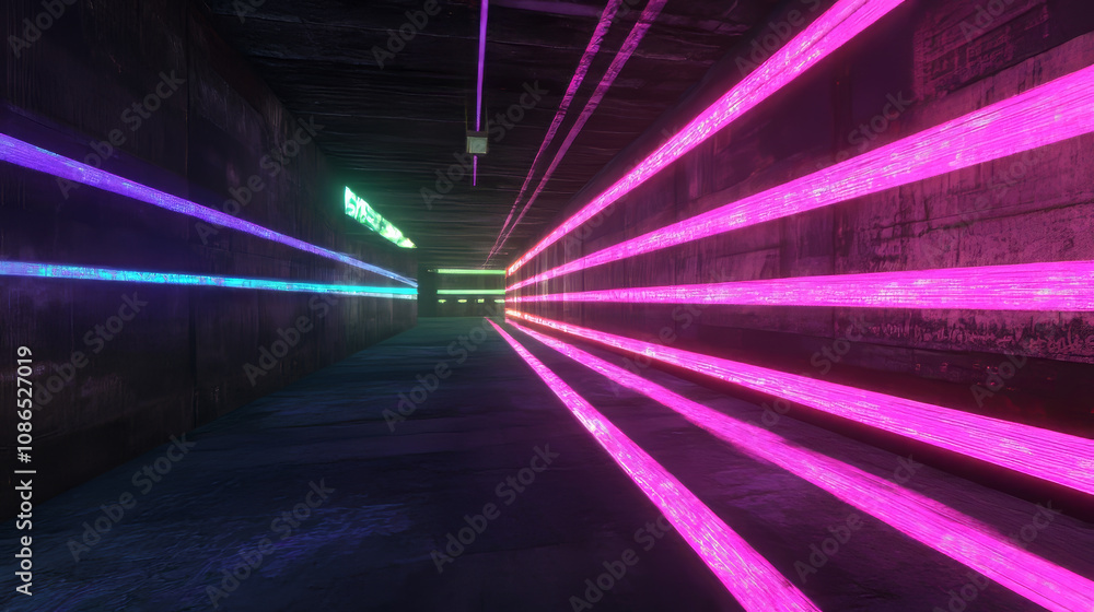 A dark, empty garage glows with vibrant pink, purple, and blue neon lights. The 3D image shows laser lines in a grunge concrete space. A dark, empty garage glows with vibrant pink, purple, and blue neon lights. The 3D image shows laser lines in a grunge concrete space.