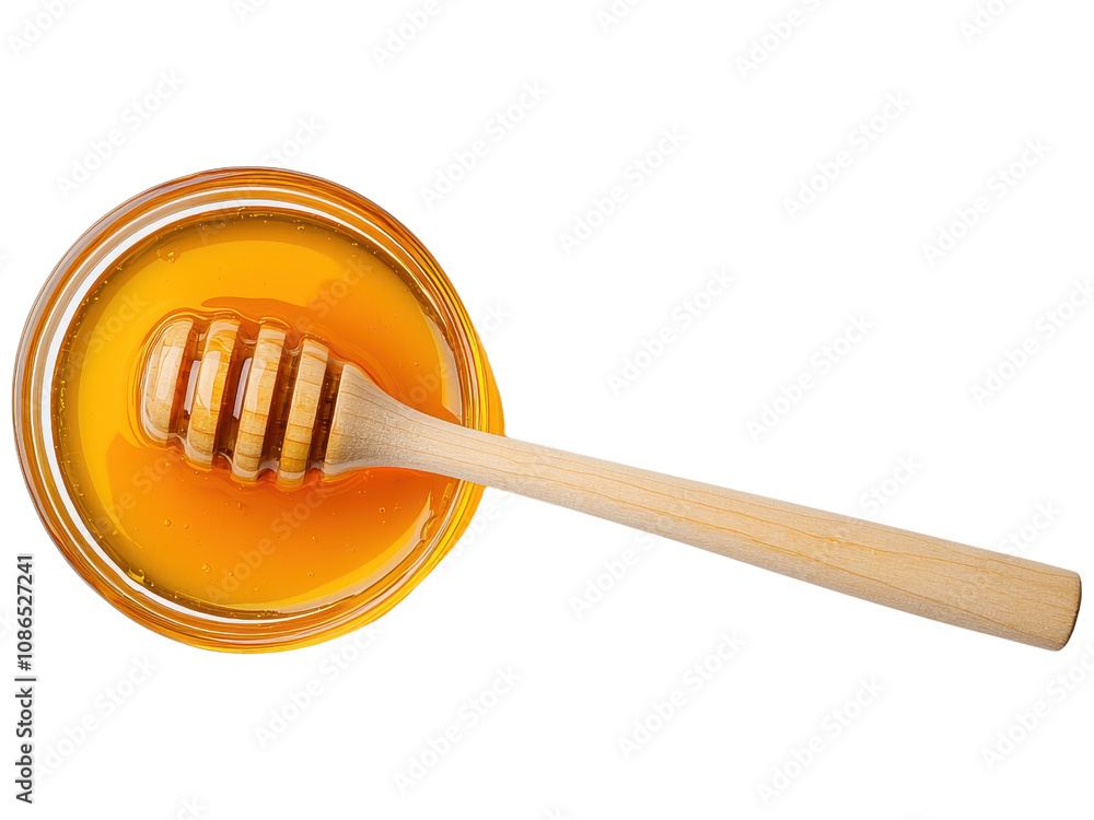Golden Honey in Glass Jar with Wooden Dipper Golden Honey in Glass Jar with Wooden Dipper