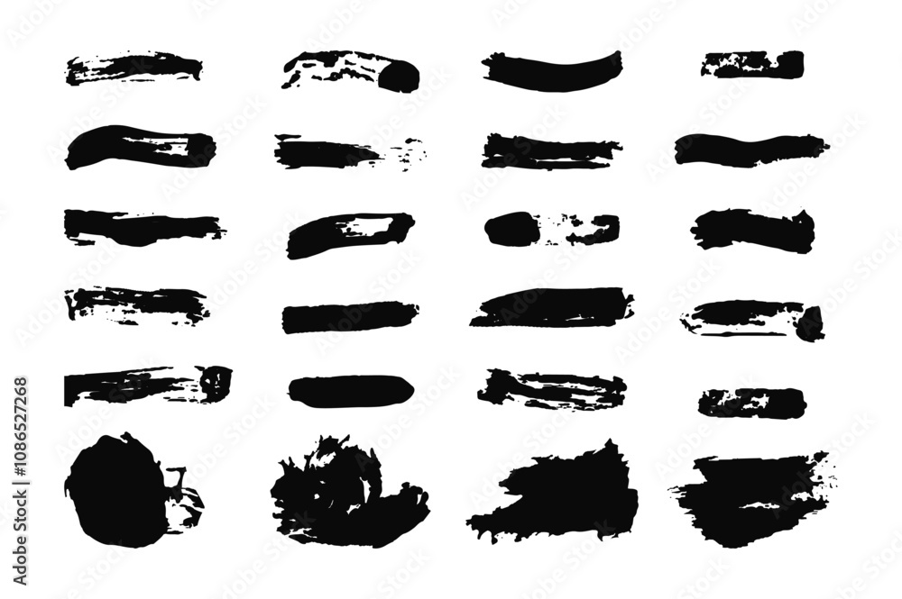 Collection of various black art Brushes. Grunge Marker Strokes displayed in grid format showcase different shapes and style, for enhancing graphic design and artistic projects. Empty ink splash. Collection of various black art Brushes. Grunge Marker Strokes displayed in grid format showcase different shapes and style, for enhancing graphic design and artistic projects. Empty ink splash.