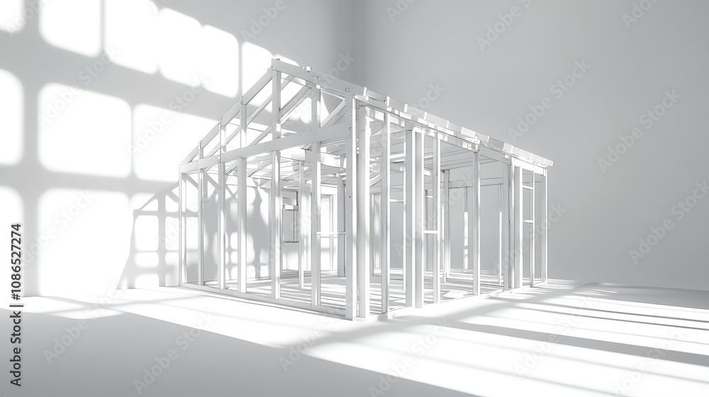 White house frame structure in a bright room with window shadows. White house frame structure in a bright room with window shadows.