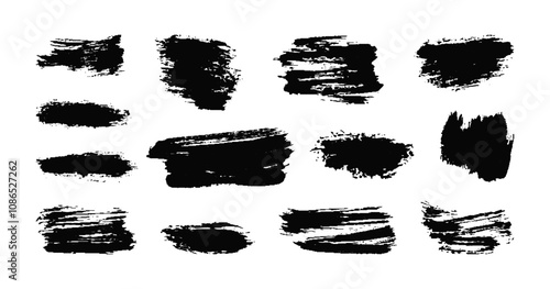 Various black paint brush strokes, featuring different shapes and sizes, ideal for design projects, artistic expressions, or crafting needs. Hand drawn grunge text boxes or texture borders