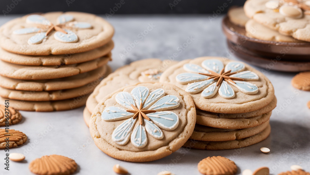 Fototapeta premium A stack of round, light-brown cookies, decorated with white icing and star shapes. Almonds and spices are scattered around.