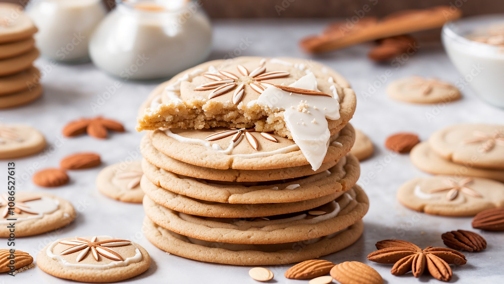 A stack of round, light-brown cookies, decorated with white icing and star shapes. Almonds and spices are scattered around.
A stack of round, light-brown cookies, decorated with white icing and star shapes. Almonds and spices are scattered around.