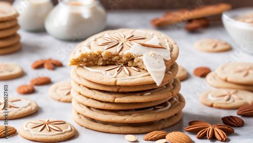 A stack of round, light-brown cookies, decorated with white icing and star shapes. Almonds and spices are scattered around.