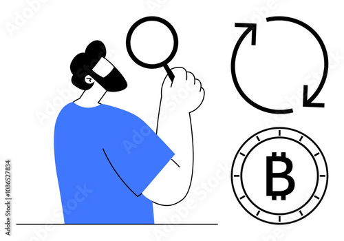 Individual holds magnifying glass, examining cryptocurrency trends represented by Bitcoin symbol and refresh icon. Ideal for finance, blockchain, cryptocurrency analysis, digital currency education