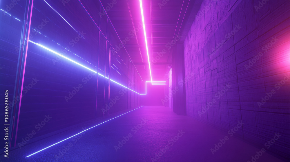 A futuristic purple and blue neon tunnel glows. The empty warehouse space is lit by bright laser lights, creating a triangular hallway effect. It's a 3D rendering. A futuristic purple and blue neon tunnel glows. The empty warehouse space is lit by bright laser lights, creating a triangular hallway effect. It's a 3D rendering.