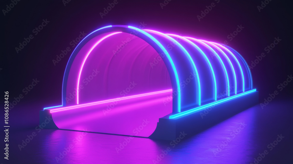 A glowing purple and blue neon sign lights a futuristic tunnel entrance. The scene is rendered in 3D, suggesting a sci-fi spaceship or underground setting. A glowing purple and blue neon sign lights a futuristic tunnel entrance. The scene is rendered in 3D, suggesting a sci-fi spaceship or underground setting.