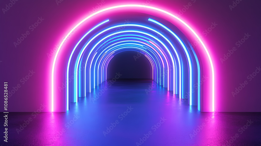 A glowing purple and blue neon sign lights a futuristic tunnel entrance. The scene is rendered in 3D, suggesting a sci-fi spaceship or underground setting. A glowing purple and blue neon sign lights a futuristic tunnel entrance. The scene is rendered in 3D, suggesting a sci-fi spaceship or underground setting.