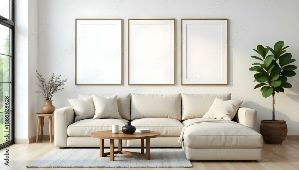 A modern living room with a beige sectional sofa, a wooden coffee table, and three empty framed wall art displays A modern living room with a beige sectional sofa, a wooden coffee table, and three empty framed wall art displays