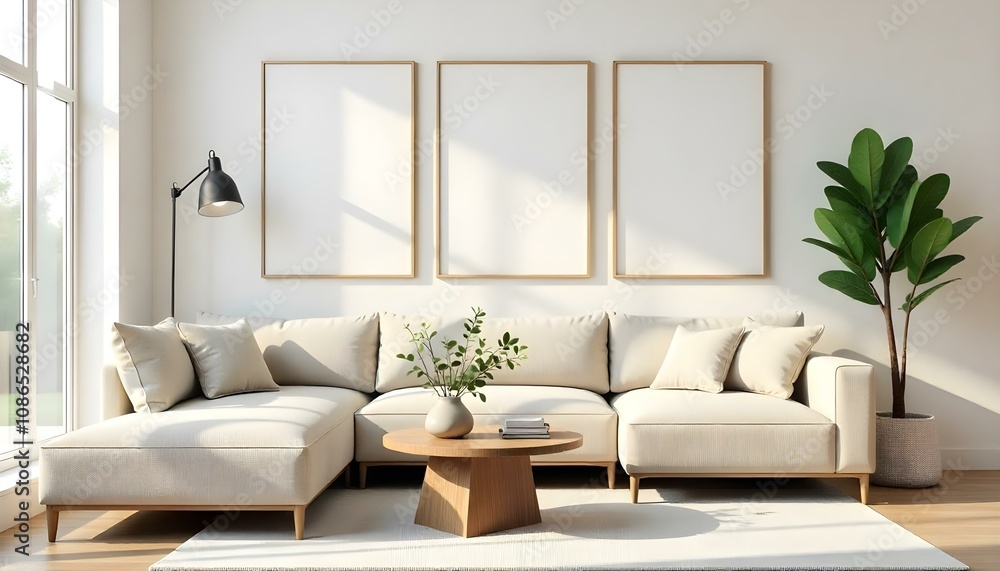 A modern living room with a beige sectional sofa, a wooden coffee table, and three empty framed wall art displays A modern living room with a beige sectional sofa, a wooden coffee table, and three empty framed wall art displays