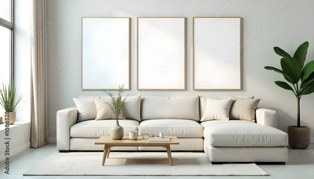A modern living room with a beige sectional sofa, a wooden coffee table, and three empty framed wall art displays A modern living room with a beige sectional sofa, a wooden coffee table, and three empty framed wall art displays