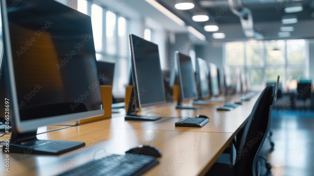 An empty office with multiple computers at a customer service desk, ready for call center support and telecommunication assistance.
An empty office with multiple computers at a customer service desk, ready for call center support and telecommunication assistance.