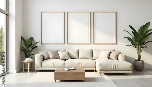A modern living room with a beige sectional sofa  a wooden coffee table  and three empty framed wall art displays