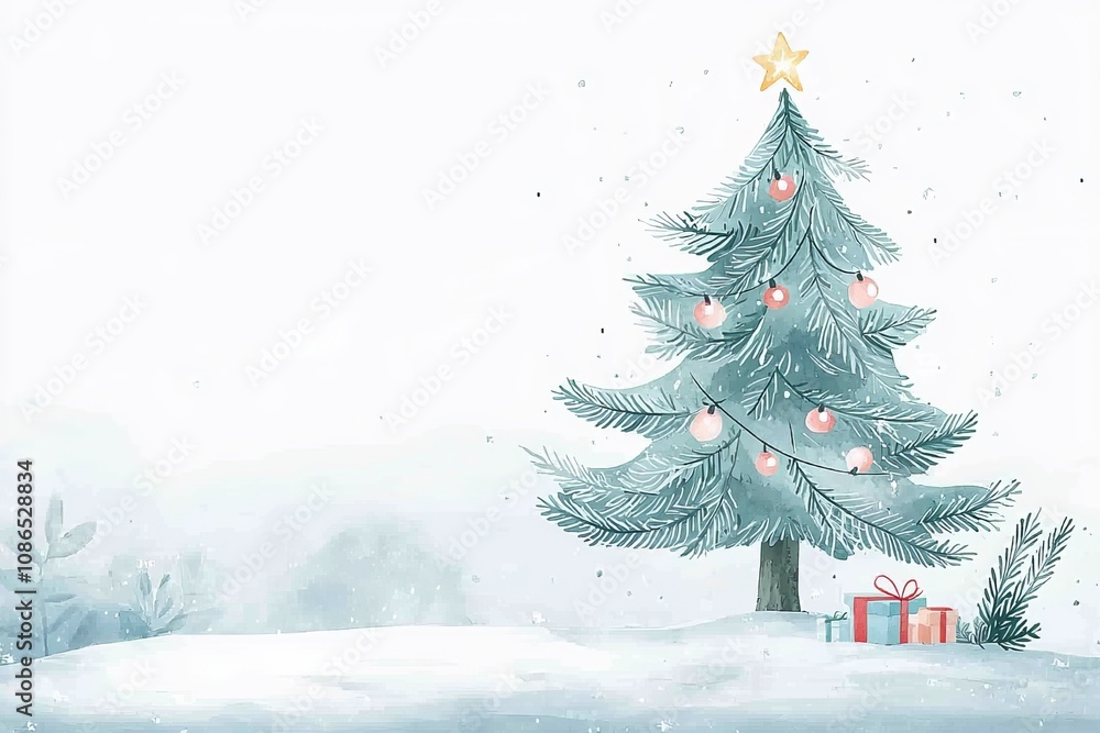 Fototapeta premium A serene winter scene featuring a decorated Christmas tree with gifts beneath it, set against a snowy background.
