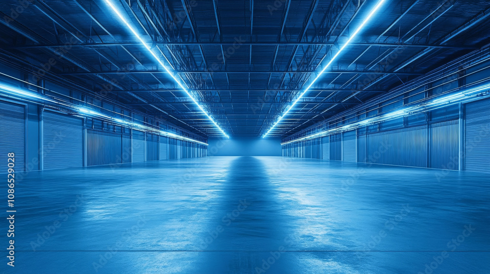 A futuristic blue-lit tunnel. Empty warehouse space with glowing lines, shown in a 3D rendering. A futuristic blue-lit tunnel. Empty warehouse space with glowing lines, shown in a 3D rendering.