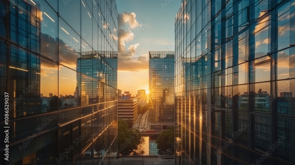 Fototapeta premium Sunset Reflection Between Modern Skyscrapers