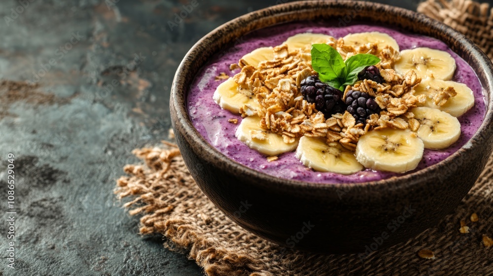 A close-up of a delicious and healthy smoothie bowl with banana, blackberry, and granola. A close-up of a delicious and healthy smoothie bowl with banana, blackberry, and granola.