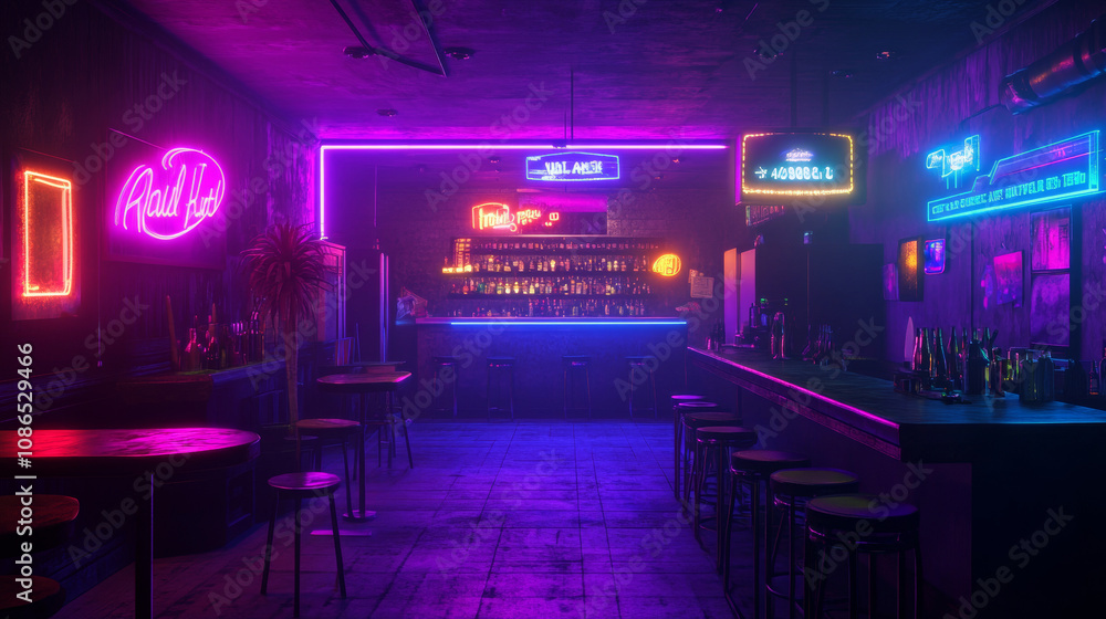 A dark, empty room with glowing purple and blue neon lights. It's a futuristic, sci-fi club scene, shown in a 3D rendering. A dark, empty room with glowing purple and blue neon lights. It's a futuristic, sci-fi club scene, shown in a 3D rendering.