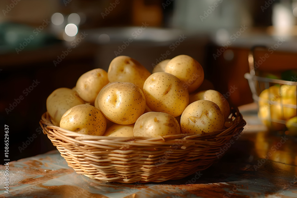 Fresh potatoes in woven basket on kitchen counter, radiating warmth and comfort Fresh potatoes in woven basket on kitchen counter, radiating warmth and comfort