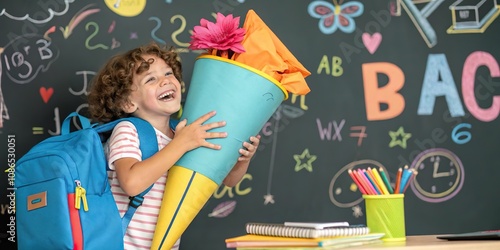 Glückliches Kind mit Schultüte am ersten Schultag