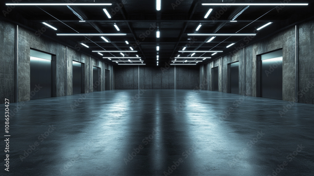 A dark, futuristic garage or warehouse, rendered in 3D. Think sleek, concrete surfaces, and a gritty, industrial feel. A dark, futuristic garage or warehouse, rendered in 3D. Think sleek, concrete surfaces, and a gritty, industrial feel.