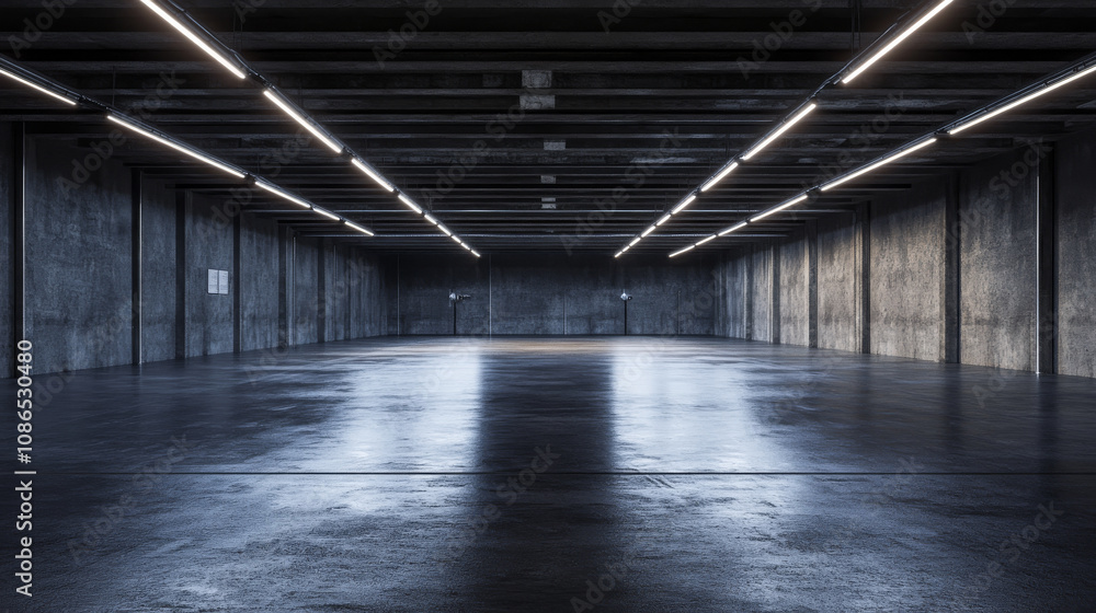 A dark, futuristic garage or warehouse, rendered in 3D. Think sleek, concrete surfaces, and a gritty, industrial feel. A dark, futuristic garage or warehouse, rendered in 3D. Think sleek, concrete surfaces, and a gritty, industrial feel.