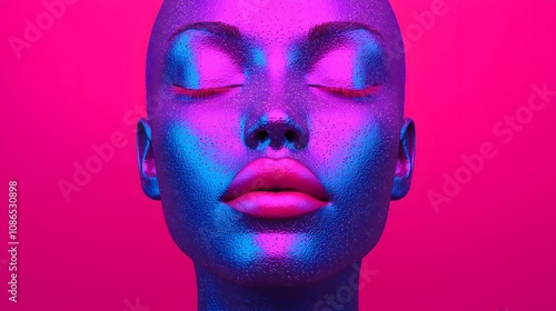 Captivating Portrait of a Vibrant Digital Sculpture Bathed in Neon Colors and Textured Detailing. Women in Tech Concept