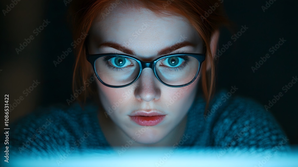 Intense Focus: A Woman Coder Immersed in the Glow of Her Screen in a Dimly Lit Workspace. Women in Tech Concept Intense Focus: A Woman Coder Immersed in the Glow of Her Screen in a Dimly Lit Workspace. Women in Tech Concept