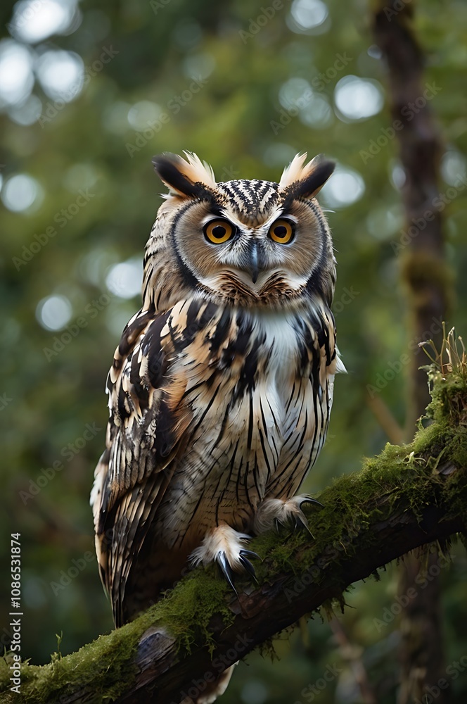 Long Eared Owl Perched on Mossy Branch in Forest Long Eared Owl Perched on Mossy Branch in Forest