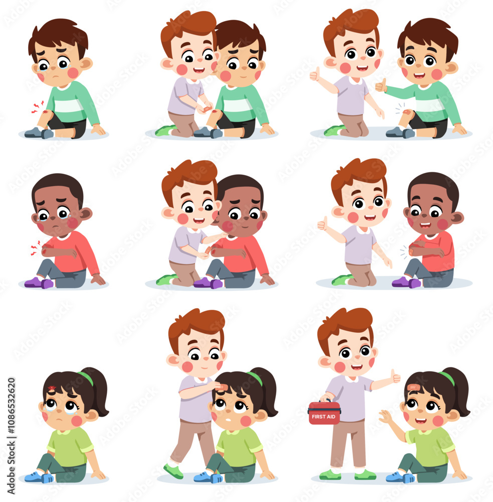 Boy Helping Friend Applying Wound Band Aid Boy Helping Friend Applying Wound Band Aid