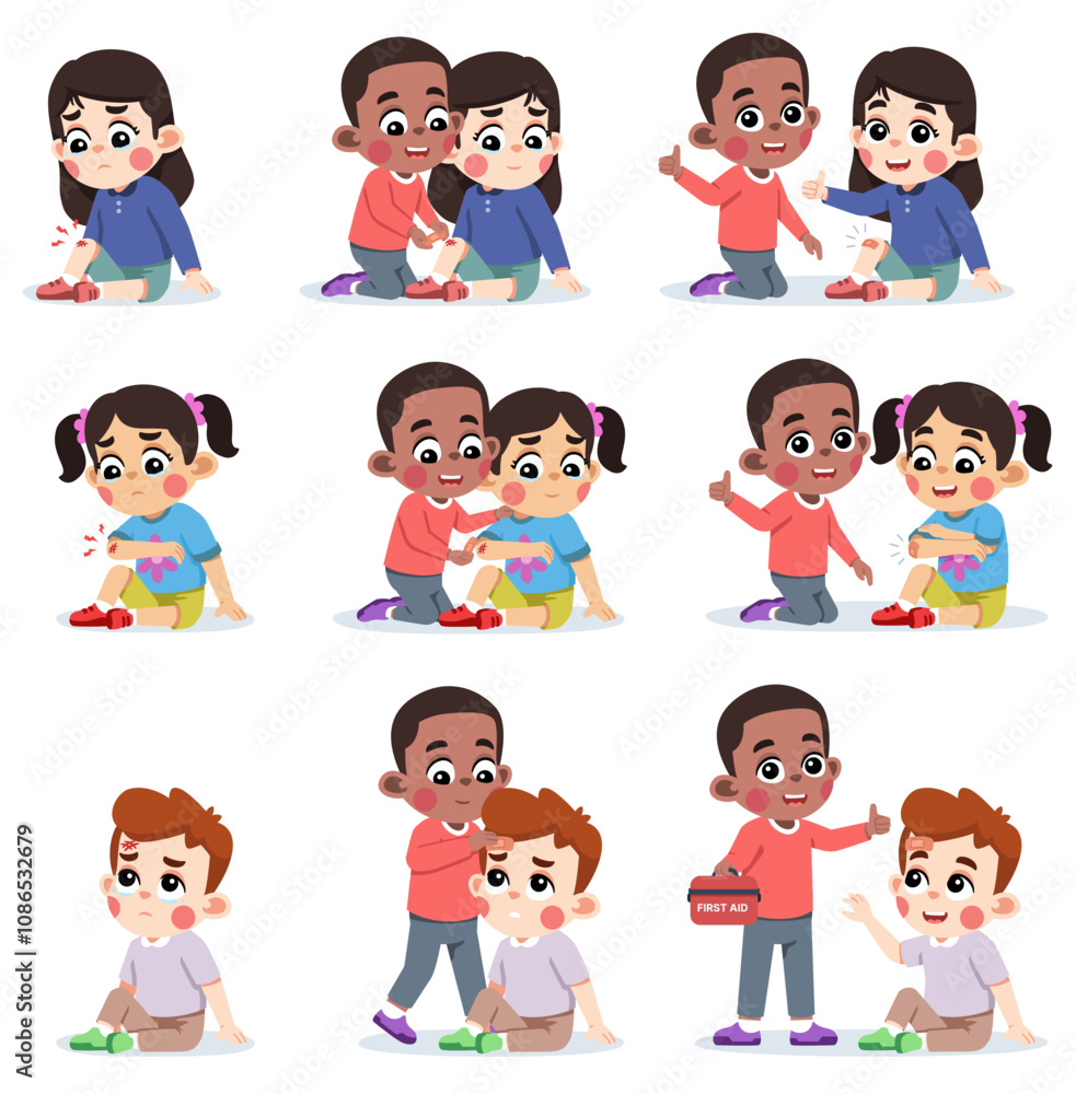 Boy Helping Friend Applying Wound Band Aid Boy Helping Friend Applying Wound Band Aid