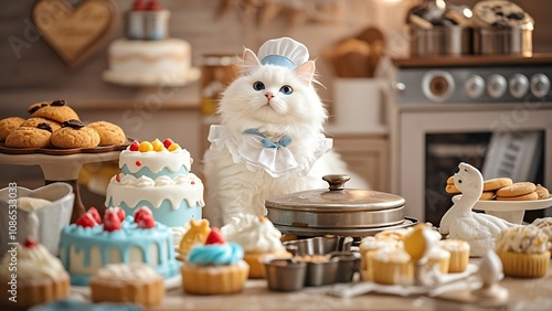 Fluffy white cat in chef's hat surrounded by delicious pastries and cakes in a kitchen setting.