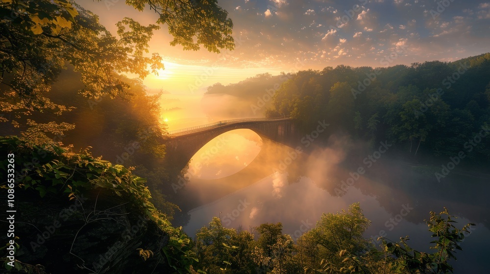 Serene Sunrise Over Misty River and Bridge Serene Sunrise Over Misty River and Bridge