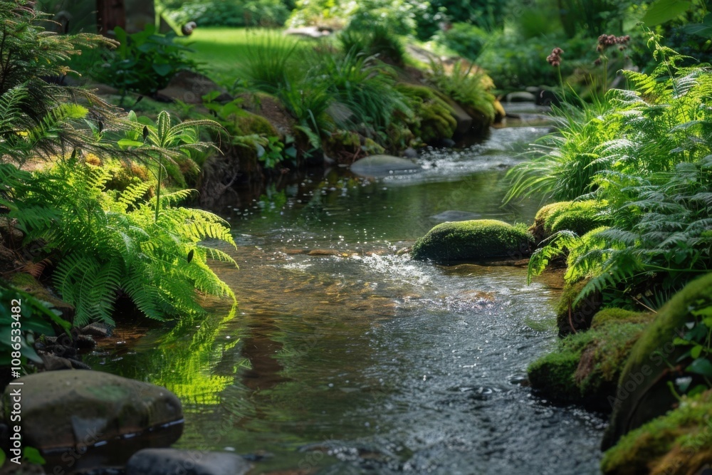 A serene stream flows through lush greenery, creating a tranquil natural scene. A serene stream flows through lush greenery, creating a tranquil natural scene.