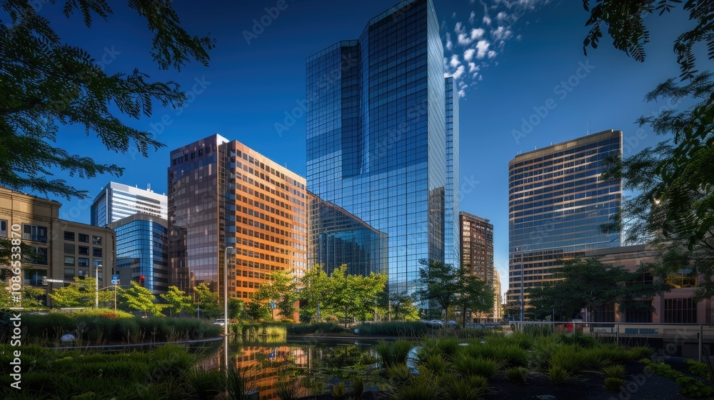 Modern Cityscape with Reflections in Urban Park Modern Cityscape with Reflections in Urban Park